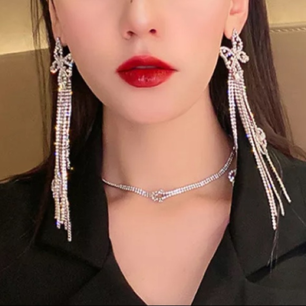 Butterfly Fringe Shoulder Length Rhinestone Chandelier Event Earrings